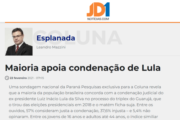 JD1 Notícias.com - Coluna Esplanada divulga pesquisa realizado pela Paraná Pesquisas