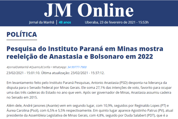 JM Online divulga pesquisa realizado pela Paraná Pesquisas