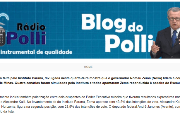 Blog do Polli divulga pesquisa realizado pela Paraná Pesquisas