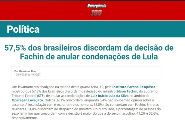 Emergência 190 divulga pesquisa realizado pela Paraná Pesquisas