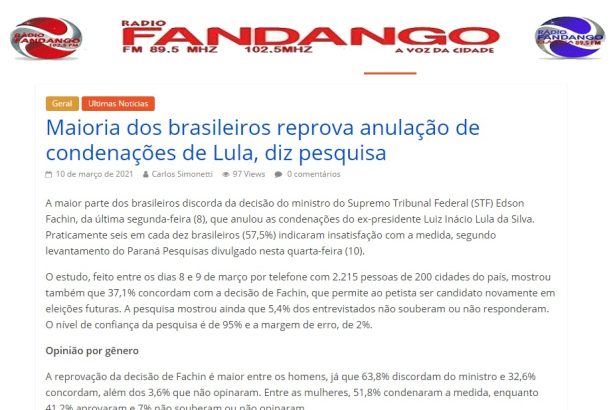 Rádio Fandango divulga pesquisa realizado pela Paraná Pesquisas