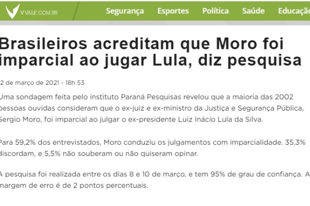 Portal VVale.com.br divulga pesquisa realizado pela Paraná Pesquisas