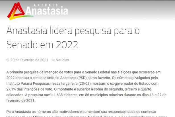 Portal Antonio Anastasia divulga pesquisa realizado pela Paraná Pesquisas