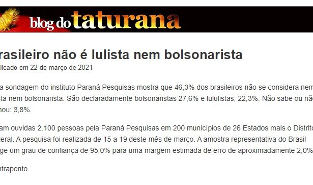Blog do Taturana divulga pesquisa realizado pela Paraná Pesquisas