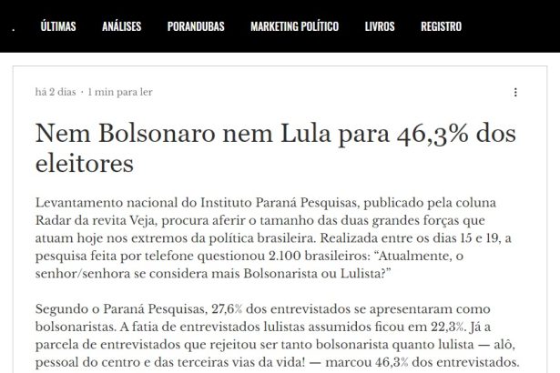 Observatório Político divulga pesquisa realizado pela Paraná Pesquisas