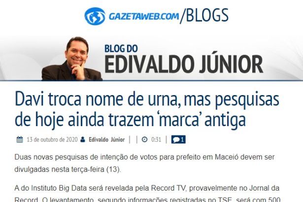 Gazeta Web - Blog do Edivaldo Júnior cita pesquisa realizado pela Paraná Pesquisas