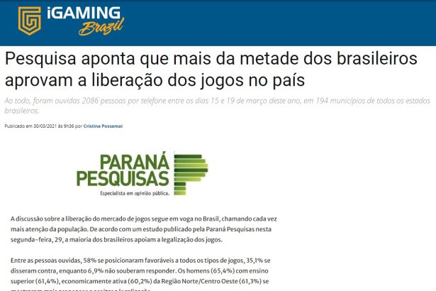 Igaming Brazil divulga pesquisa realizado pela Paraná Pesquisas