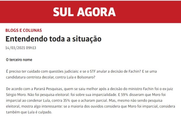 Portal Sul Agora divulga pesquisa realizado pela Paraná Pesquisas