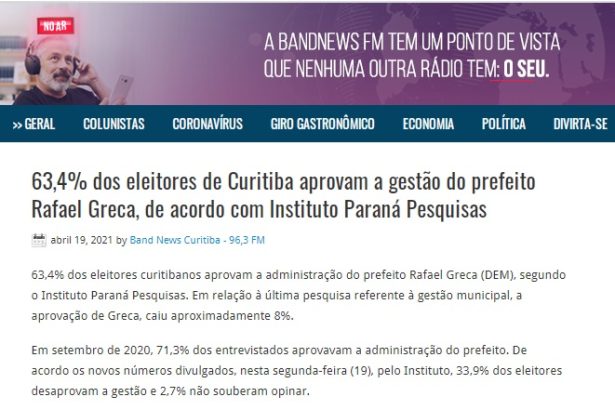 Band News FM Curitiba divulga pesquisa realizado pela Paraná Pesquisas