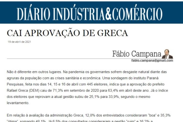 Diário Indústria e Comércio divulga pesquisa realizado pela Paraná Pesquisas