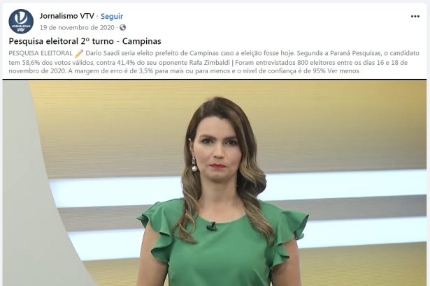 Jornalismo VTV divulga pesquisa realizado pela Paraná Pesquisas