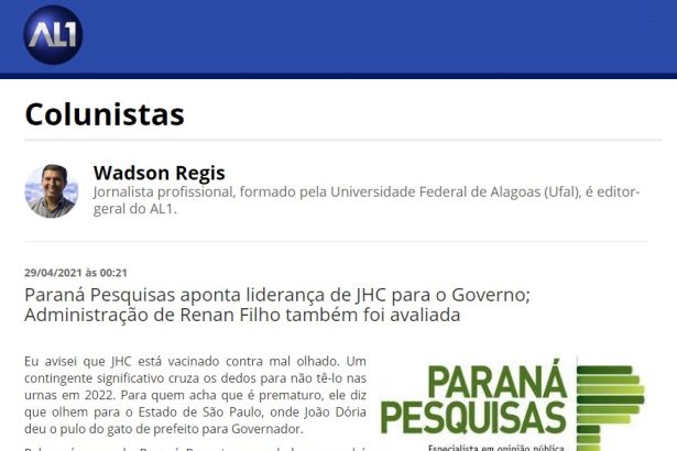 Portal AL1 divulga pesquisa realizado pela Paraná Pesquisas