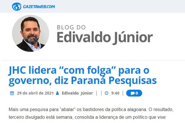 Blog do Edivaldo Júnior - Gazetaweb.com divulga pesquisa realizado pela Paraná Pesquisas