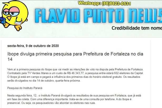 Flavio Pinto News cita pesquisa realizado pela Paraná Pesquisas
