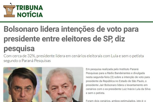Tribuna Notícia divulga pesquisa realizado pela Paraná Pesquisas