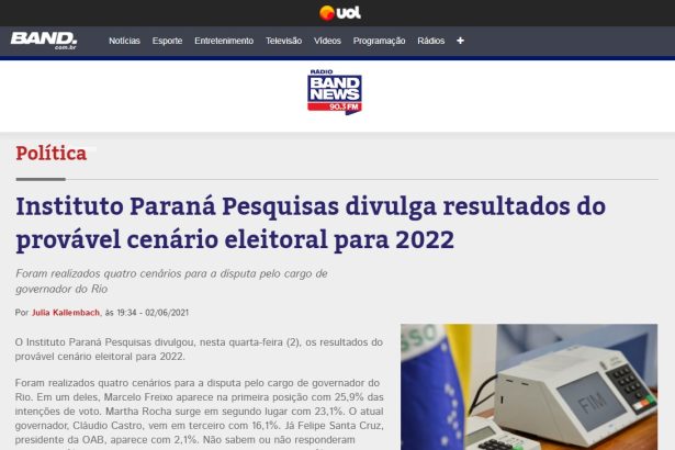 Band News FM - Rio divulga pesquisa realizado pela Paraná Pesquisas