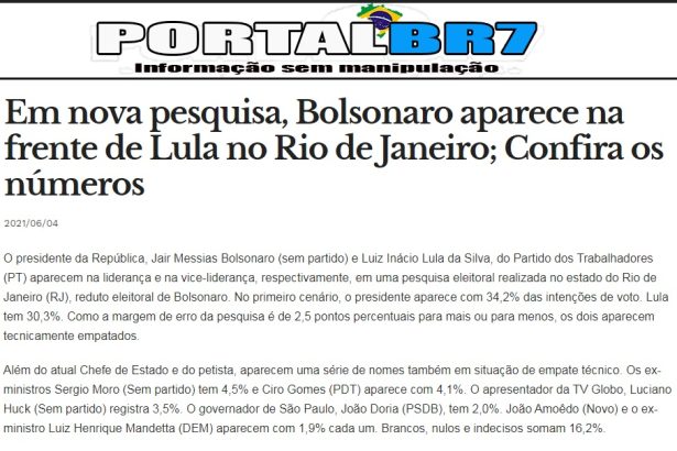 Portal BR7 divulga pesquisa realizado pela Paraná Pesquisas
