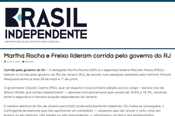 Brasil Independente divulga pesquisa realizado pela Paraná Pesquisas