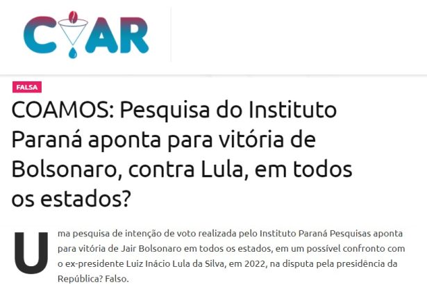 Coar Notícias cita pesquisa realizado pela Paraná Pesquisas