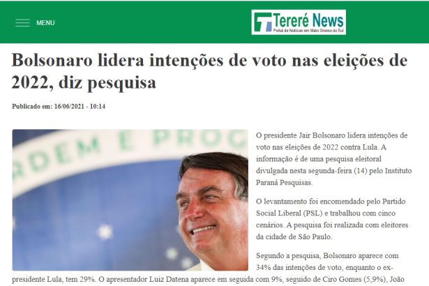 Tereré News divulga pesquisa realizado pela Paraná Pesquisas