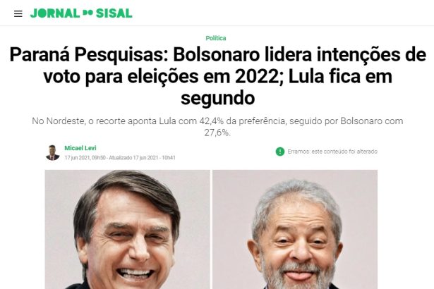 Jornal do Sisal divulga pesquisa realizado pela Paraná Pesquisas