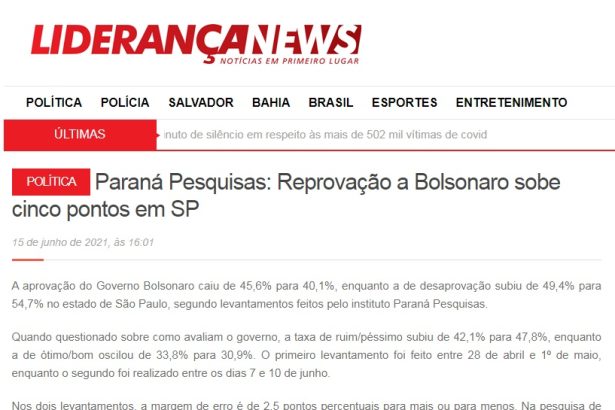 Liderança News divulga pesquisa realizado pela Paraná Pesquisas