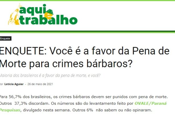 Aqui é Trabalho cita pesquisa realizado pela Paraná Pesquisas