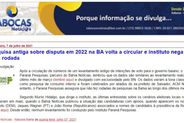 Blog Tabocas Notícias cita o Instituto Paraná Pesquisas