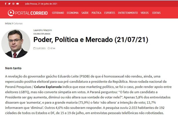 Portal Correio divulga pesquisa realizado pela Paraná Pesquisas