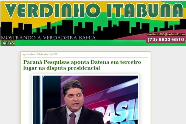 Verdinho Itabuna divulga pesquisa realizado pela Paraná Pesquisas