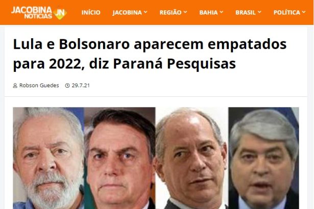 Jacobina Notícias divulga pesquisa realizado pela Paraná Pesquisas