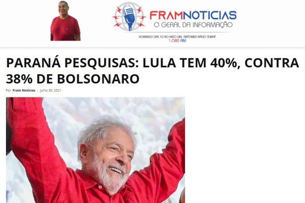 Fram Notícias divulga pesquisa realizado pela Paraná Pesquisas