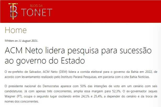 Blog da Tonet divulga pesquisa realizado pela Paraná Pesquisas