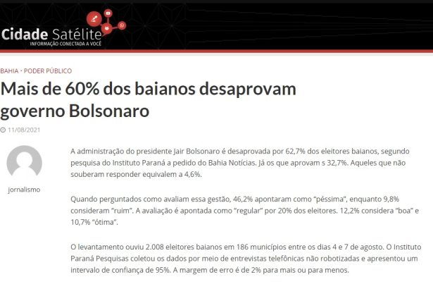 Cidade Satélite divulga pesquisa realizado pela Paraná Pesquisas
