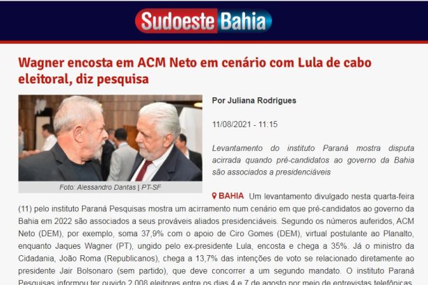 Sudoeste Bahia divulga pesquisa realizado pela Paraná Pesquisas