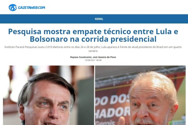 Gazeta Web divulga pesquisa realizado pela Paraná Pesquisas