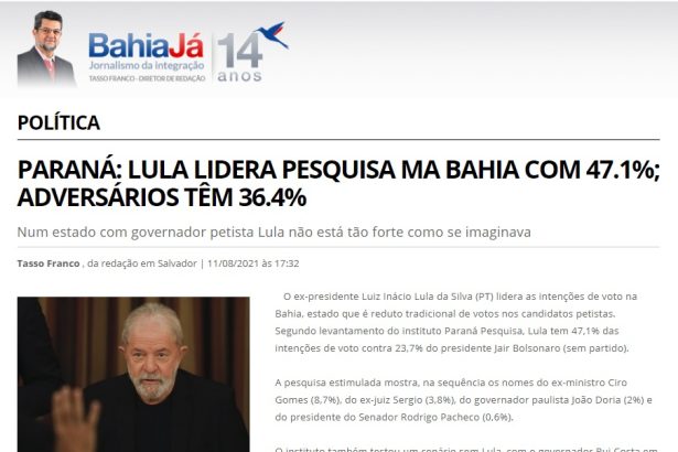 Bahia Já divulga pesquisa realizado pela Paraná Pesquisas