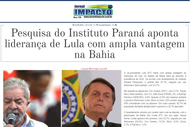 Jornal Impacto divulga pesquisa realizado pela Paraná Pesquisas