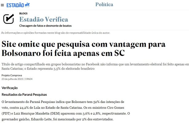 Estadão - Política cita pesquisa realizado pela Paraná Pesquisas