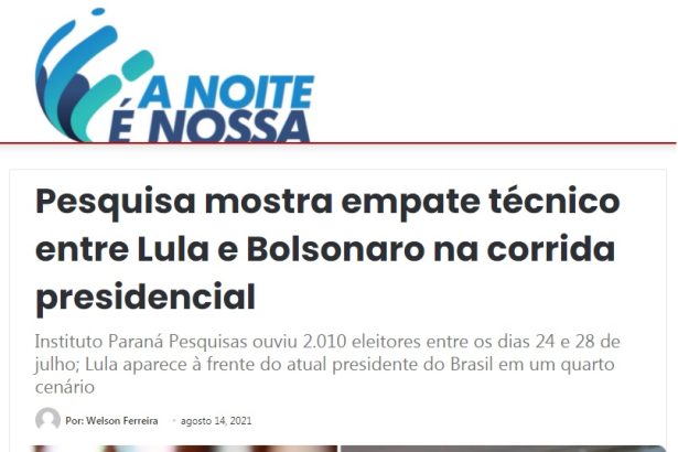 Portal A Noite é Nossa divulga pesquisa realizado pela Paraná Pesquisas