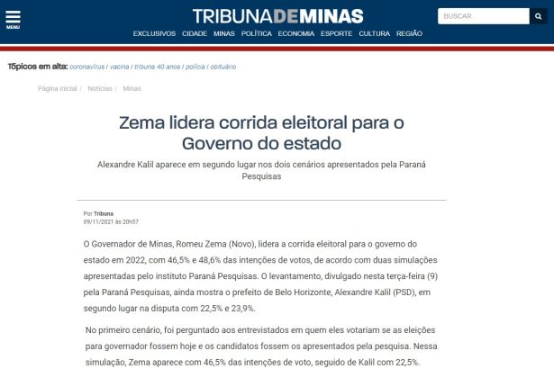 Tribuna de Minas divulga pesquisa realizada pela Paraná Pesquisas