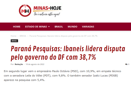Minas Hoje cita pesquisa realizada pela Paraná Pesquisas.