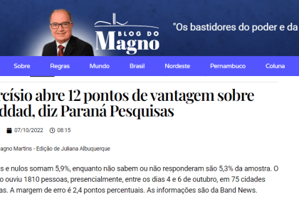 Blog do Magno cita pesquisa realizada pela Paraná Pesquisas.