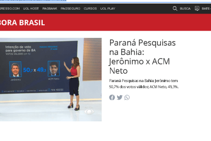 Bora Brasil divulga pesquisa realizada pela Paraná Pesquisa-Estado da Bahia.