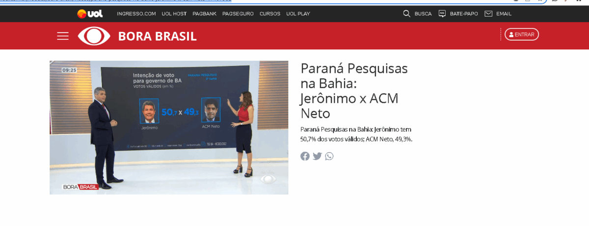 Bora Brasil divulga pesquisa realizada pela Paraná Pesquisa-Estado da Bahia. 1 Bora Brasil divulga pesquisa realizada pela Paraná Pesquisa-Estado da Bahia.