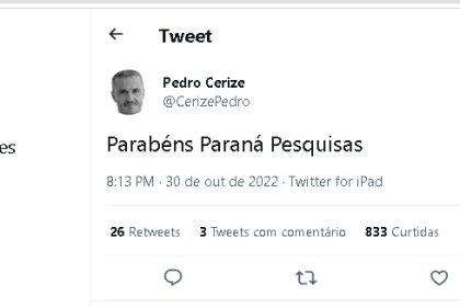 Perfil Pedro Cerize no Twitter parabeniza Instituto Paraná Pesquisas.