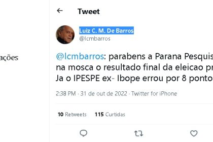 Perfil Luiz C. M. De Barros no Twitter parabeniza Instituto Paraná Pesquisas.