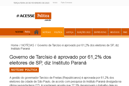 Acesse Política cita pesquisa realizada pela Paraná Pesquisas.