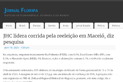 Jornal de Floripa cita pesquisa realizada pela Paraná Pesquisas.