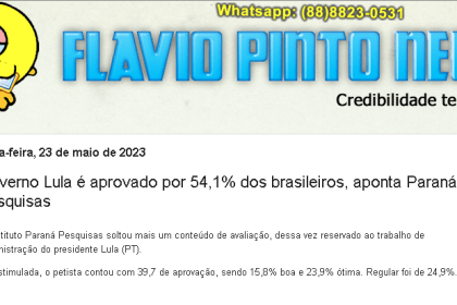 Flavio Pinto News cita pesquisa realizada pela Paraná Pesquisas.